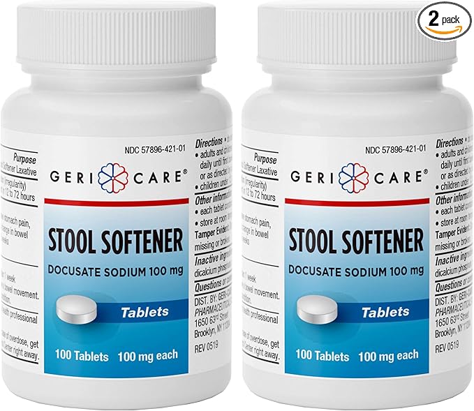 GeriCare Docusate Sodium Stool Softeners, Best Stool Softener for Daily use for Women, Men, and Elderly - Ideal for Constipation Relief 100mg Crushable Tablets. (100 Count) Made in the USA (Pack of 2)