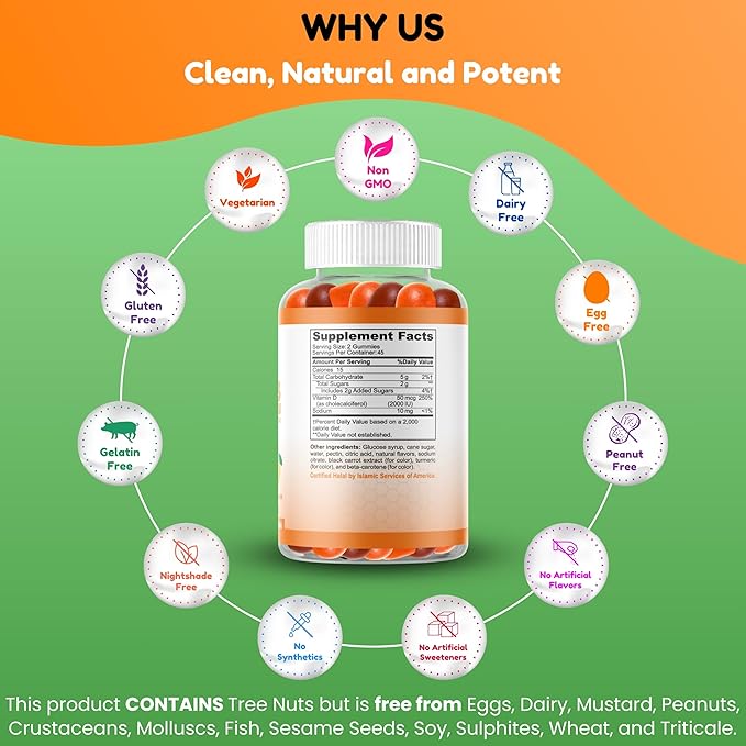 Vegetarian Vitamin D3 Gummies for Adults & Kids | 45-90 Servings, 2,000IU / 1,000IU | Non-GMO, Gluten-Free, Gelatin-Free | Supports Bones, Muscles & Immune System Halal Vitamins