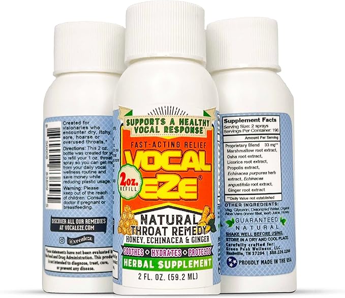 Vocal Eze 2oz. Sipper or Refill for Throat Spray | Relieve Sore, Hoarse, Fatigue, Dryness | Herbal and Natural Ingredients (No Sprayer)