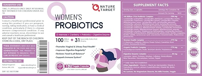 NATURE TARGET Probiotics for Women, 100 Billion CFUs Probiotic with Digestive Enzymes & Prebiotics, Vaginal Probiotics with Cranberry for Urinary Tract Health, pH Balance, 180 Veggie Capsules