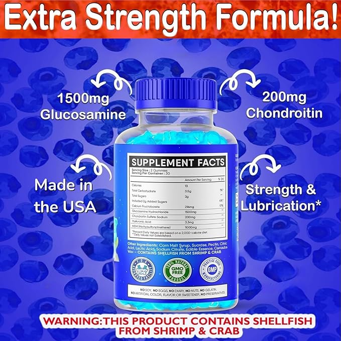 Glucosamine Chondroitin Gummies – 1500mg Extra Strength with MSM – for Adults, Men & Women – 60 Gummies – Made in The USA