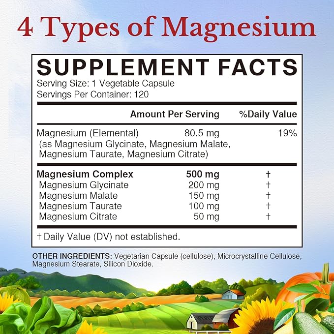 Vitalitown Magnesium Complex Supplement 500mg - Maximized Absorption Chelated Magnesium Glycinate, Malate, Taurate & Citrate - Vegan Non-GMO 120 Capsules for Sleep, Muscle, Energy & Heart