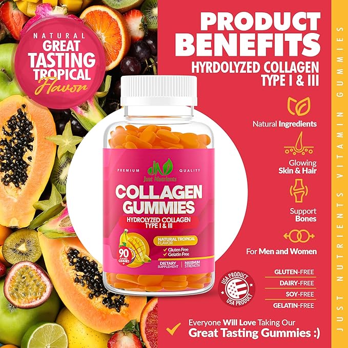 Collagen Gummies for Women & Men (90 Count) - Premium Hydrolyzed Collagen Type I & III for Hair, Skin & Nails Support - Great Tasting Tropical Flavor, Gluten-Free, Non-GMO - 90 Gummies (45 Servings)
