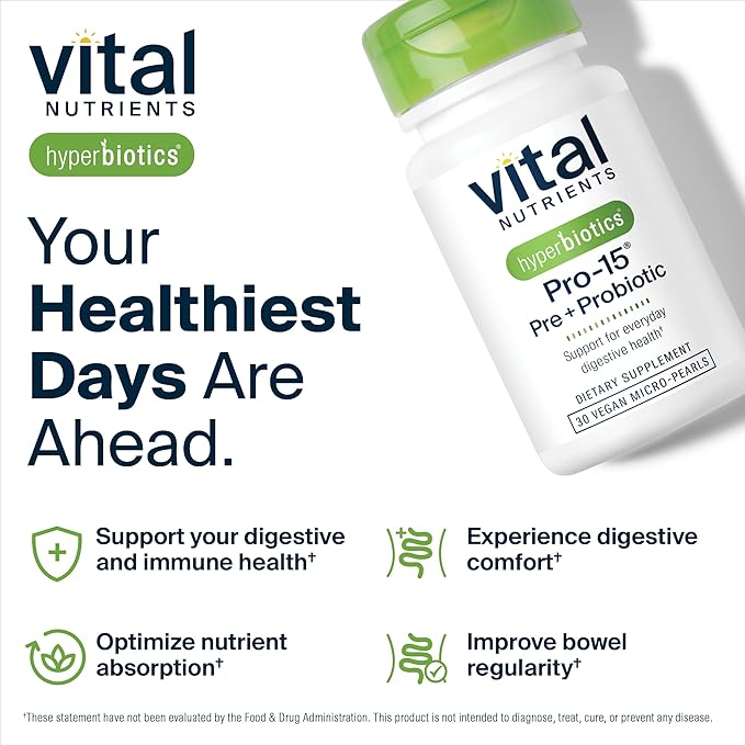 Hyperbiotics Vital Nutrients Pro-15 Prebiotics + Probiotics for Women and Men | 15 Science Backed Strains | Supports Occasional Constipation, Diarrhea, Gas & Bloating | 30 Vegan Time Release Pearls