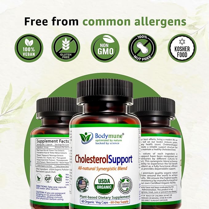 CholesterolSupport, 60-Day Supply, w/Extracts of Red Yeast Rice Dandelion Green Tea Moringa Papaya & More with Oils, USA-Made USDA Organic Superfood, All-Natural Non-GMO Vegan Gluten-Free