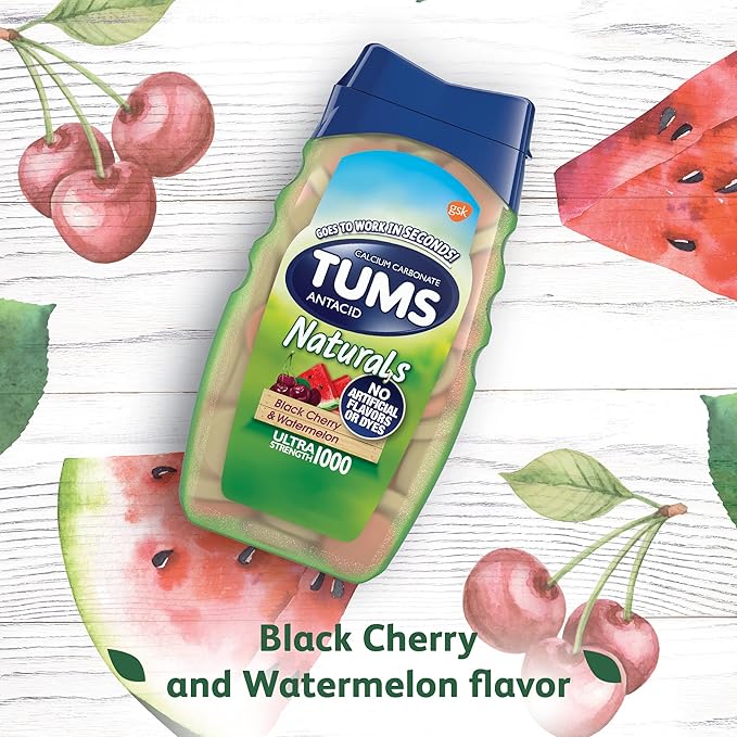 TUMS Naturals Ultra Strength Antacid Chews for Heartburn Relief, Black Cherry & Watermelon - 56 Count (Pack of 2)