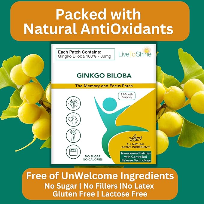 Live To Shine Ginkgo Biloba Patch - 30 Gingko Transdermal Patches - One Month Supply for Women and Men - USA Made