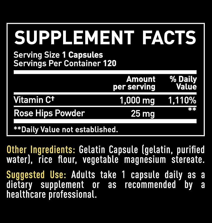 Vitamin C 1000mg with Rosehips (120 Capsules | 1000mg) Pure Vitamin C Capsules - Ascorbic Acid + Rose Hips for Powerful Immune System Support - High Dose Vitamin C for Adults Immune Support Vitamins