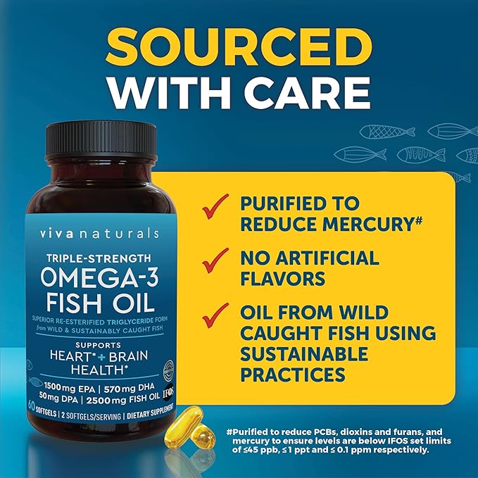 Viva Naturals Omega 3 Fish Oil Supplement for Women and Men - 2500 mg Triple Strength Fish Oil Pills with Re-Esterified Omega 3 Fatty Acids Including EPA, DHA DPA - 60 Pescatarian-Friendly Softgels