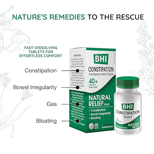 BHI Constipation Relief Natural Safe Targeted Homeopathic Active Ingredients Relieve Bloat Discomfort, Bowel Back-Up & Irregularity for Women & Men - 100 Tablets