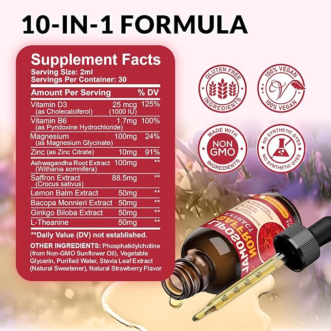 Saffron Supplements - 88.5mg Saffron Extract Liposomal Liquid Drops with Magnesium, Zinc, Ashwagandha, L-Theanine, Vitamin B6, D3 for Antioxidant Mood Energy Vision & Focus, Strawberry Flavor 2 Fl Oz