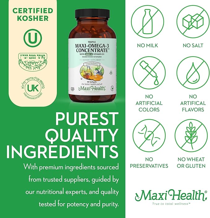 Maxi Health Omega 3 Supplement - Omega-3 Fish Oil Triple Concentrate w/ Vitamin D3 - Potent Source of EPA / DHA Fatty Acids - Heart, Brain, Joint Health - Kosher Wild Caught Marine Fish - 90 Softgels