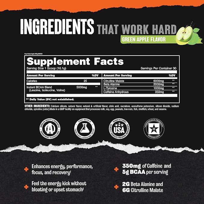 Animal Fury Pre Workout Powder - Green Apple, 350mg Caffeine, BCAA Amino Acids, 2g Beta Alanine, Citrulline & Tyrosine, Energy, Focus, Strength, Endurance, Preworkout for Men & Women, 30 Servings