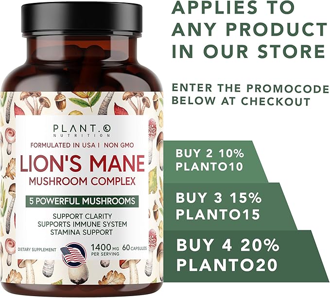 Plant.O Premium Lion's Mane Supplement, All Natural Nootropics Brain Supplement, 5 Mushroom Complex – Lion’s Mane, Reishi, Chaga, Maitake, Shiitake for Immunity, Focus, Mood & Memory Boost, 90 Caps
