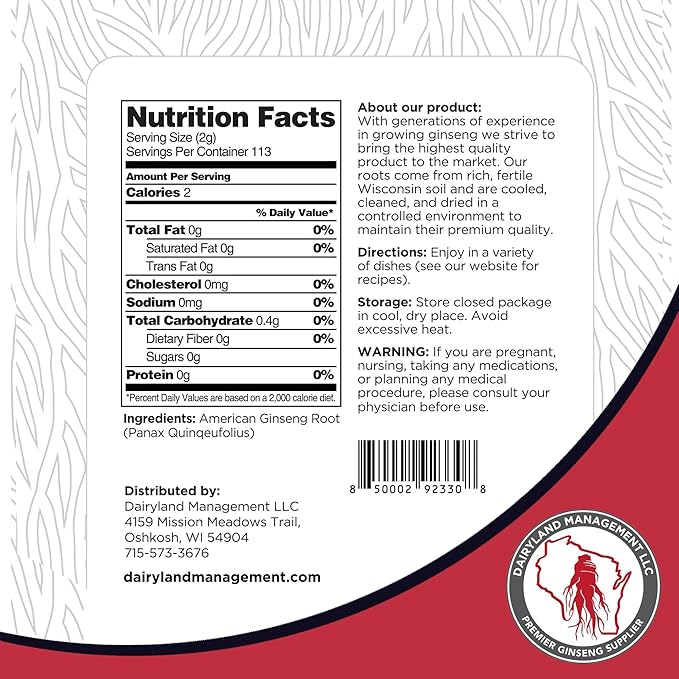 Dairyland American Ginseng Slices, 8 oz – Authentic Wisconsin Ginseng, Non-GMO & Gluten-Free – Herbal Supplement for Tea, Soup & Congee