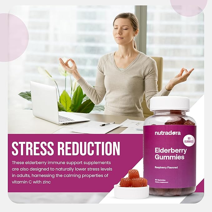 Elderberry Gummies for Adults – Organic Elderberry Gummies with Zinc and Vitamin C for Immune Support, Lessen Stress, & Protect Heart, Raspberry Flavor Formulated in USA, 90 Gummies
