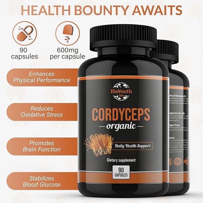 Cordyceps Organic Dietary Supplement - Natural Energy Boost and Respiratory Health Support with Cordyceps Militaris, Clinically Backed, Non-GMO & Allergen-Free | 90 Capsules