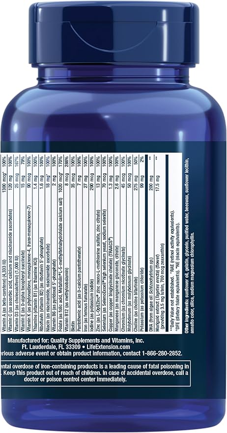 Life Extension Prenatal Advantage Supplement – Comprehensive Prenatal Vitamin for Pregnant Women - Complete Multivitamin for Healthy Brain with DHA - Non-GMO, Gluten-Free -120 Softgels