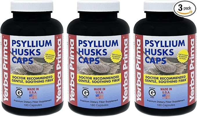 Yerba Prima Psyllium Husks Caps - 180 caps (Pack of 3) - Natural Fiber Supplement - Colon Cleansing - Non-GMO Gluten Free