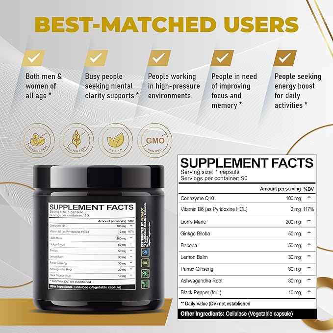 VEGATOT Brain Booster *USA Made and Tested* Brain Health Complex Supplement Concentrated with CoQ-10 VIT B6 Lion's Mane Ginkgo Biloba Lemon Balm Ginseng - Focus Memory Energy
