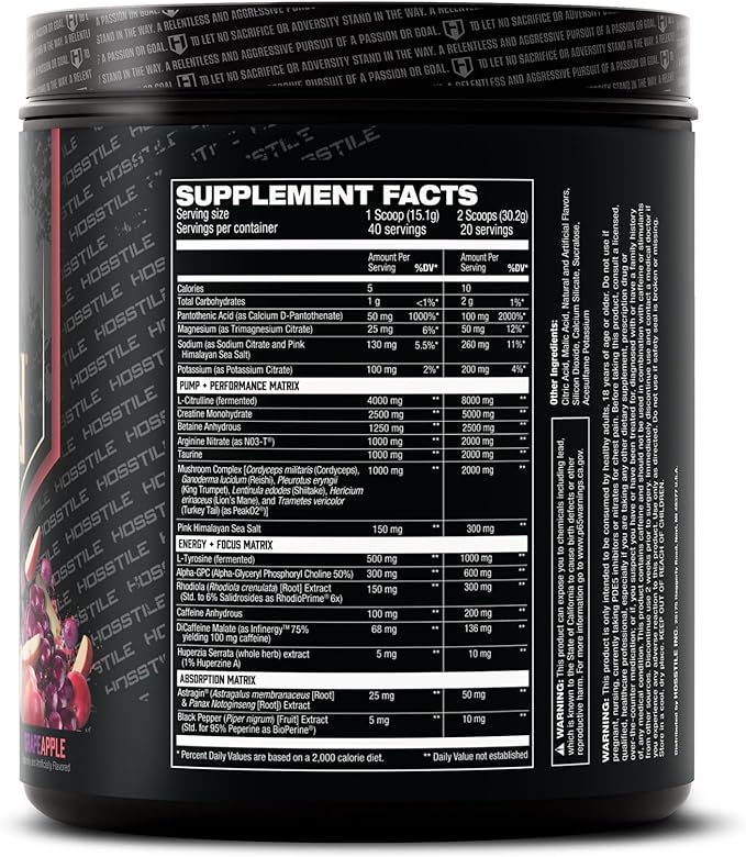 HOSSTILE Hosstility V2 Pre Workout, All-in-One Pre Workout Powder for Men and Women, Enhance Muscle Pump, Increase Energy, Boost Strength, Sharpen Focus, Grape Apple, 40 Servings
