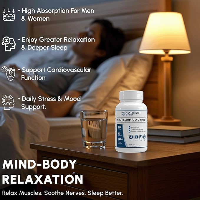400 mg Pure Magnesium Glycinate 180 Tablets Non Buffered High Absorption Non-GMO Promotes Cardiovascular Health Supplement for Stress Relief, Sleep, Heart Health, Ease Muscles, Calm Headaches, Nerves