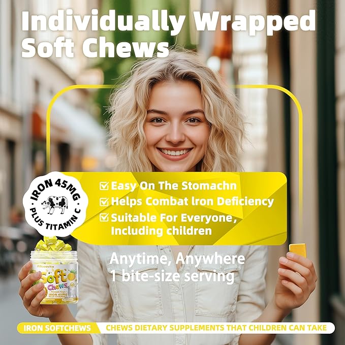 Iron Soft Chews Supplement with Vitamin C | Pineapple Flavored | Gluten Free | Iron Supplement for Women Men and Kids | 60 Count | 2 Month Supply