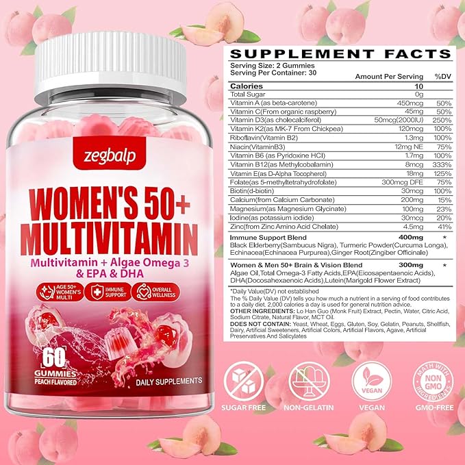 Sugar-Free Womens Multivitamin 50 Plus Gummies with Calcium, Magnesium, Zinc, Vitamin A, C, D3, E, K2, B Complex, Folate, Biotin - Multi Vitamins & Minerals for Skin, Energy, Immune Support