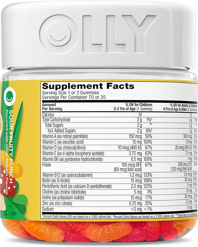 OLLY Kids Multivitamin Gummy Worms, Overall Health and Immune Support, Vitamins and Minerals A, C, D, E, Bs and Zinc, Chewable Supplement, Sour Fruit Punch, 45 Day Supply (70 Count)