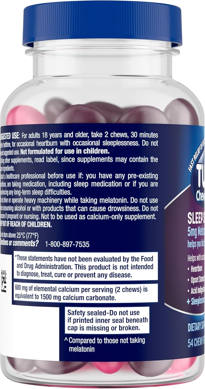TUMS Heartburn Plus Sleep Support Chewable Dietary Supplement Tablets for Occasional Heartburn Relief Plus Sleep Support, Berry Fusion - 54 Count