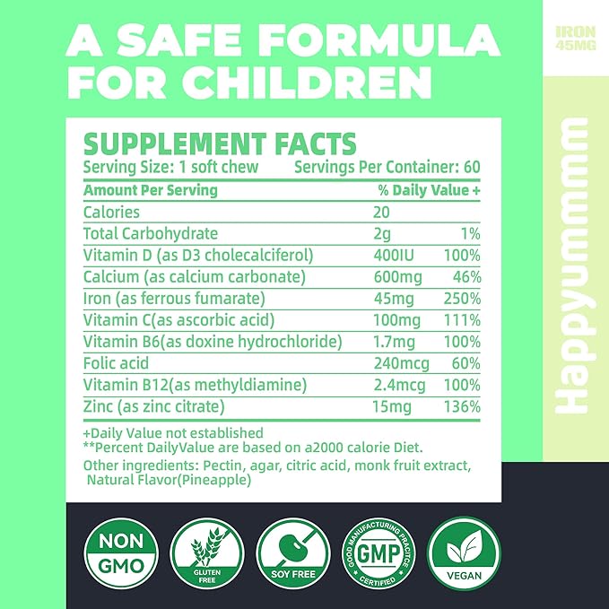 Iron Soft Chews Supplement with Vitamin C | Pineapple Flavored | Gluten Free | Iron Supplement for Women Men and Kids | 60 Count | 2 Month Supply