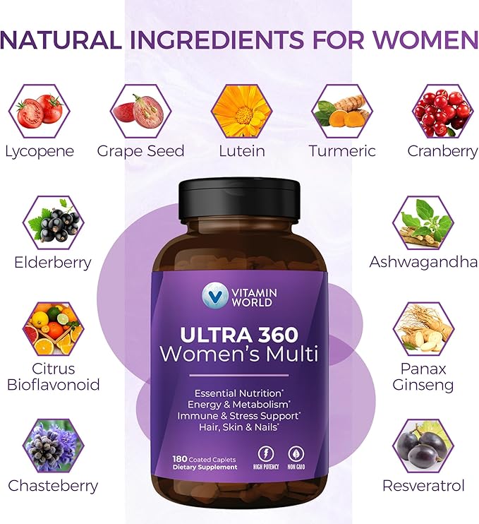 Vitamin World Ultra 360 Multivitamin for Women, Women's Multivitamin with Herbs & Collagen for Hair, Skin & Nails, Supplement with Iron, Vitamin A, B, C, D, E for Energy & Immune Support, 180 Caplets