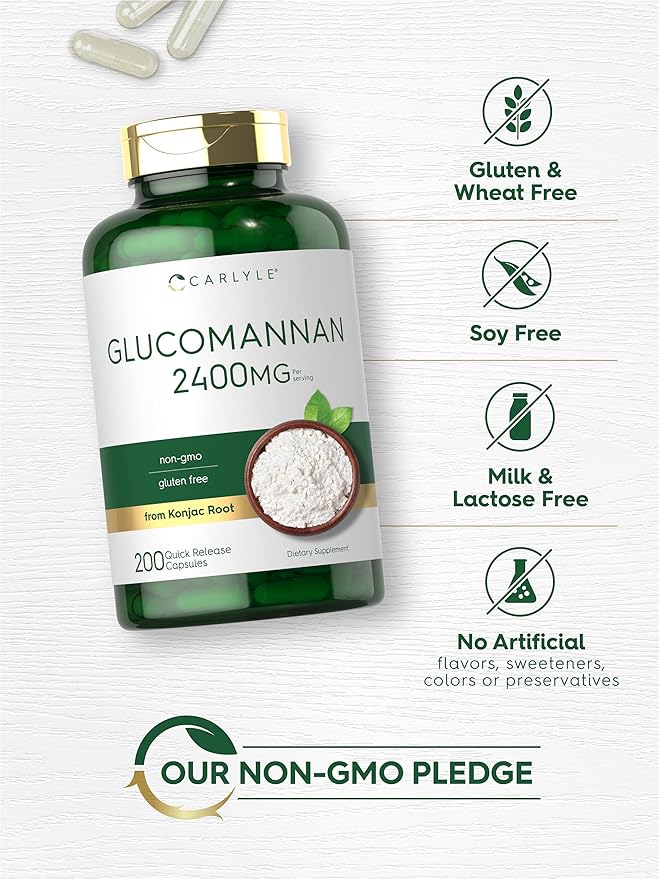 Carlyle Glucomannan Capsules | 200 Count | Soluble Fiber Pills | Non-GMO, Gluten Free Supplement