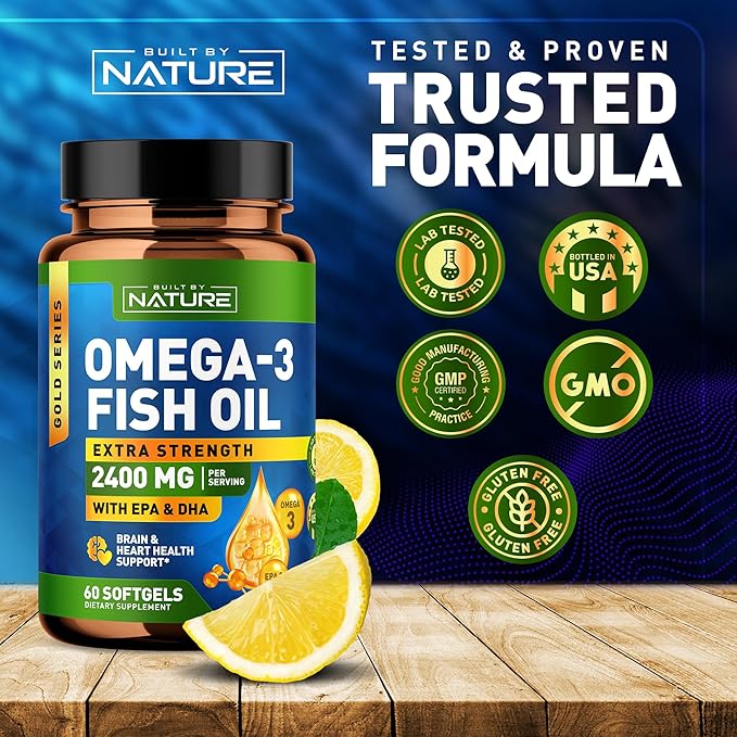 Built by Nature Omega 3 Fish Oil Soft Gels - 2400 mg Fish Oil, 1440 mg Omega 3, 864 mg EPA, 576 mg DHA - Extra Strength Brain & Heart Health Support Supplement - 60 Softgels