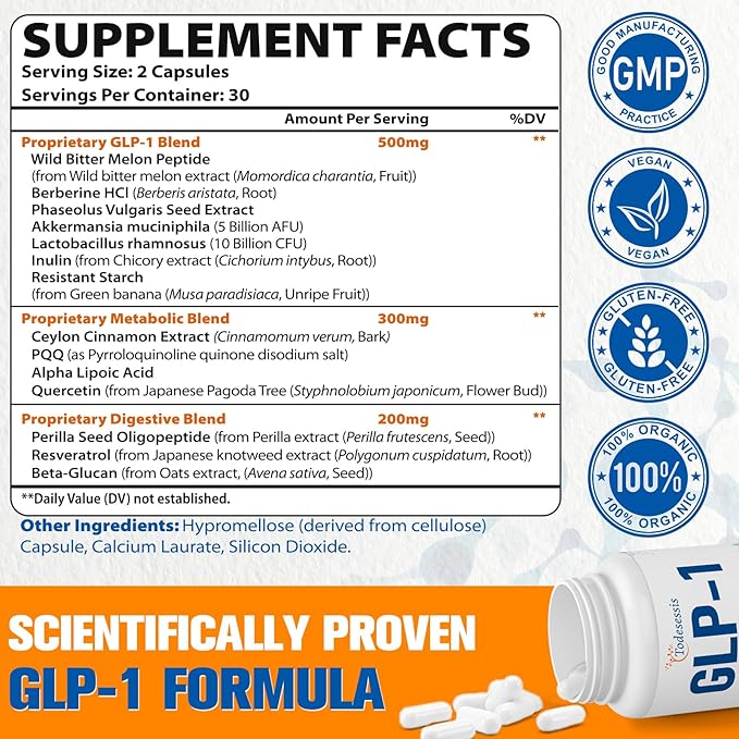 GLP-1 Supplement for Women, Natural GLP-1 Support, 3X Targeted Formula, GLP1 with Akkermansia Probiotic, Berberine HCI & Chicory Inulin, for Metabolism, Digestive & Gut Health - Vegan, 60 Capsules