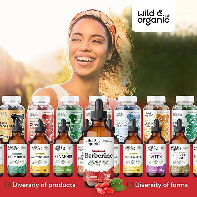 Wild & Organic Berberine Drops 500mg - Liquid Berberine Supplement HCL for Overall Support - Pure Extract Tincture - Vegan, Alcohol & Sugar-Free - 4 fl oz