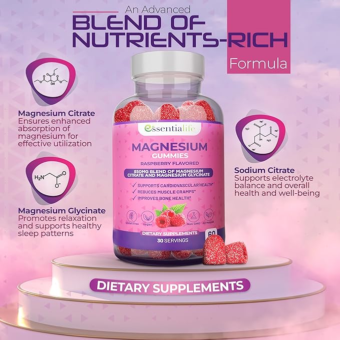 Magnesium Gummies Pure Magnesium 100mg per Serving for Sleep and Clam - 850mg Blend of Magnesium Glycinate Citrate - Wake Up Energized with Magnesium Supports Digestion - 60 Count
