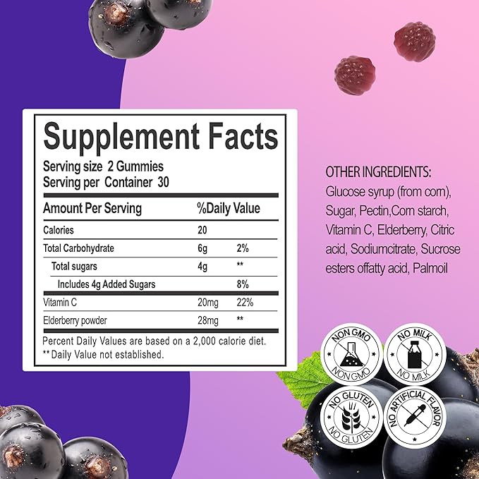 Elderberry Gummies Sambucus with Vitamin C Immune Support Supplement for Women and Men,Elderberry Flavor Gummy,30 Day Supply - 60 Count