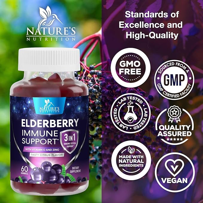 Sambucus Elderberry Immune Gummies, Daily Elderberry Immune Support Vitamins with Vitamin C, Vitamin D3, Zinc, Immune Support Gummy Vitamin Supplement, Black Elder berry for Adult & Kid - 60 Gummies