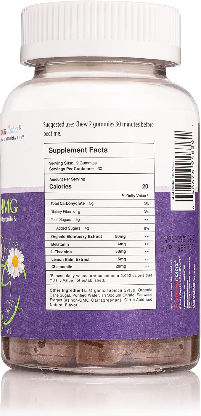 Gummies - Melatonin 4mg, Elderberry, Theanine, Chamomile and Lemon Balm for Sleep Support - 60 Count