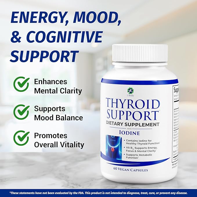 1 Body Thyroid Support Supplement with Iodine, B12, Zinc, Selenium, Ashwagandha, Non-GMO, Vegetarian, 30 Day Supply
