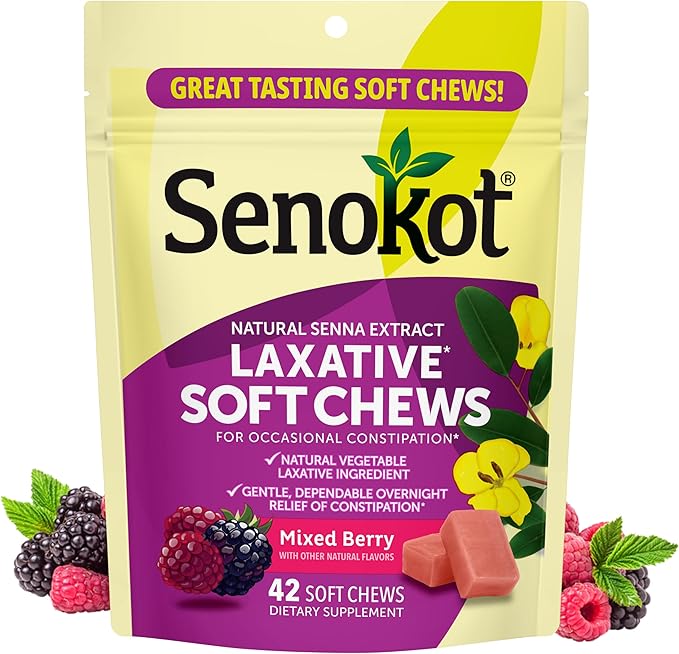 Senokot Laxative Soft Chews, Overnight Constipation Relief with Senna Extract, 42 Mixed Berry Chews