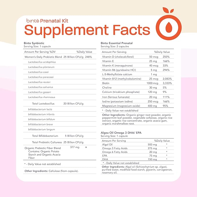 Binto Prenatal Kit - 4-in-1 Supplements for Healthy Mom & Baby - 30 Day Supply - Multivitamin, Probiotics, Iron, DHA, Methylated Folate & Folic Acid - Non-GMO, Gluten-Free, Vegetarian