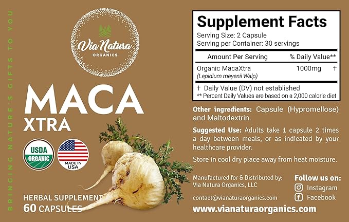 Maca Xtra Capsules 1000mg | Organic Herbal Supplement | Natural Source of Amino Acids Iron & Magnesium | 60 Capsules