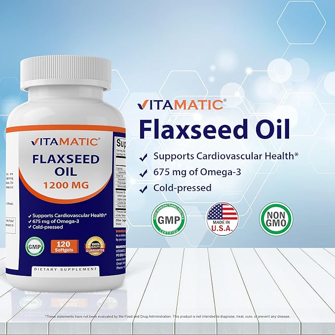 Vitamatic Flaxseed Oil 1200 mg – 120 Softgels Cold-Pressed Flaxseed Oil with 675 mg ALA Omega-3 – Supports Heart Health & Overall Wellness