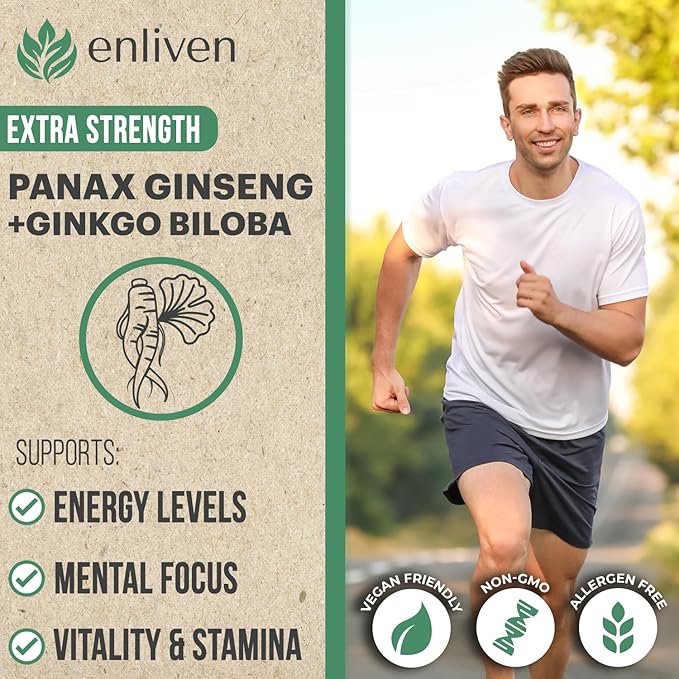 enliven Panax Ginseng & Ginkgo Biloba Supplement | Korean Ginseng Capsules for Immune Support & Stress Relief | 60 Count | Made in USA