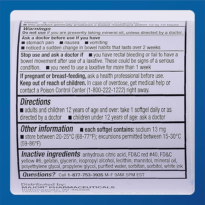 MAJOR Docusate Sodium 250 mg - Extra Strength Stool Softener Laxative Softgels for Constipation Relief - Gentle Stool Softeners for Women, Men, and Kids Ages 12+ - 100 Softgels (4 Pack)