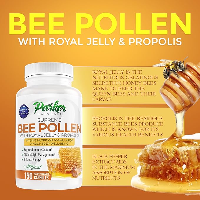 Supreme Bee Pollen Capsules, 3520 mg Royal Jelly, Bee Pollen and Propolis Capsules, Natural Supplement for Adults, 150 Count