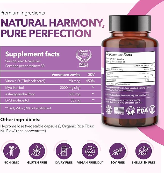 Intimate Rose Myo-Inositol & D-Chiro Inositol Supplement for Women - Hormone Balance & Ovarian Support for Women - Ideal 40:1 Ratio, Vitamin D3 + Ashwagandha