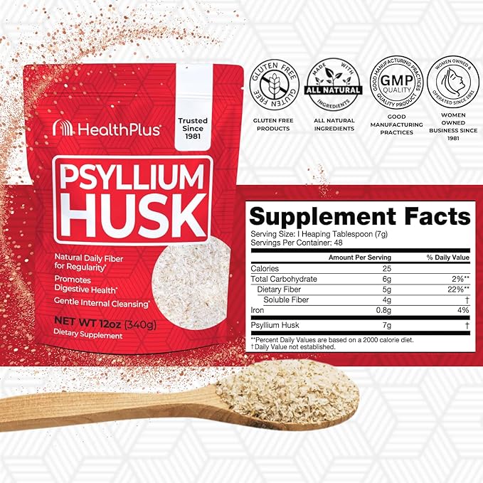 Health Plus, Psyllium Husk, 12 oz, 48 Servings - Natural Detox, Daily Dietary Fiber Supplement, Constipation Relief, Gentle Gut Cleanse, Keto Baking